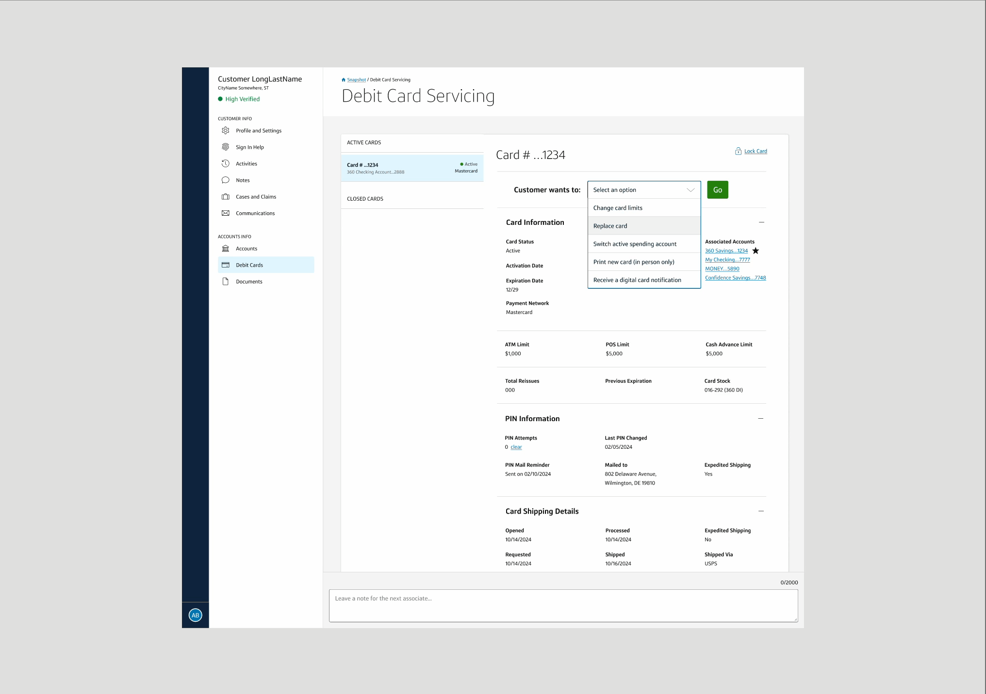 Associate servicing screen for debit card conversion showing customer context, card details, talking points and available actions.