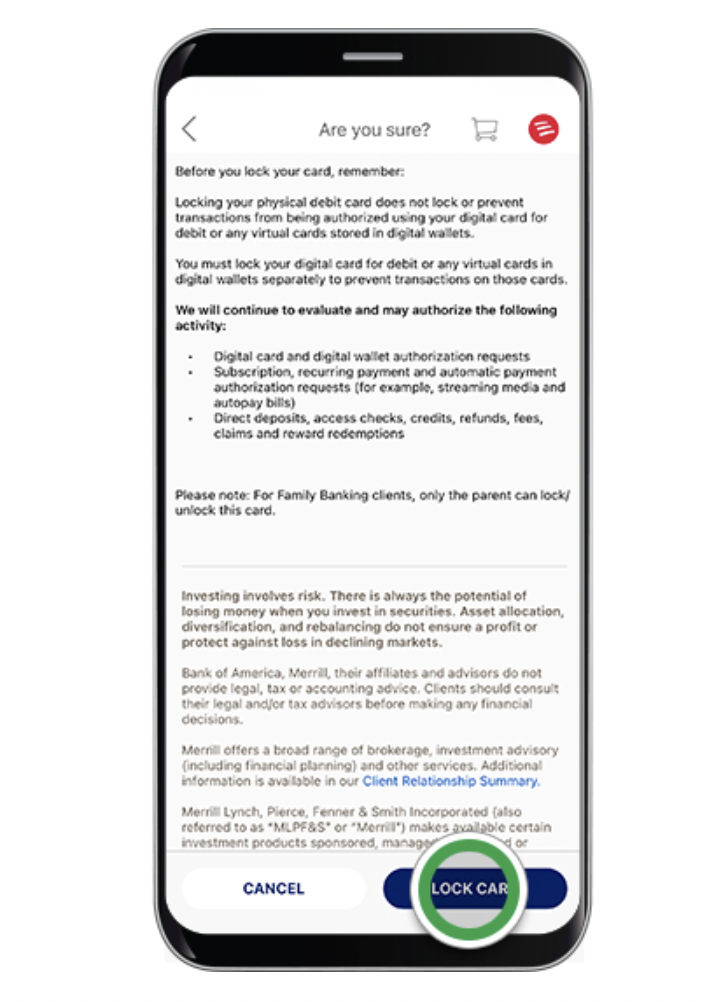 Bank of America lock card confirmation screen with dense explanatory text and a prominent lock card button.