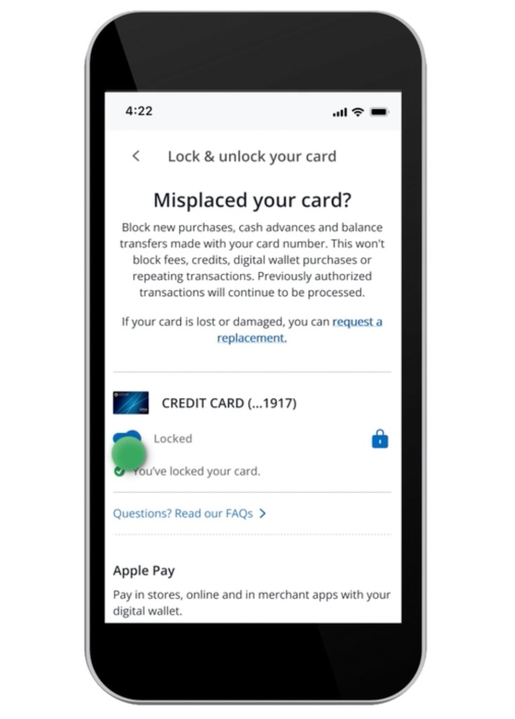 Chase lock and unlock card screen showing lock status, supporting text, and Apple Pay information.