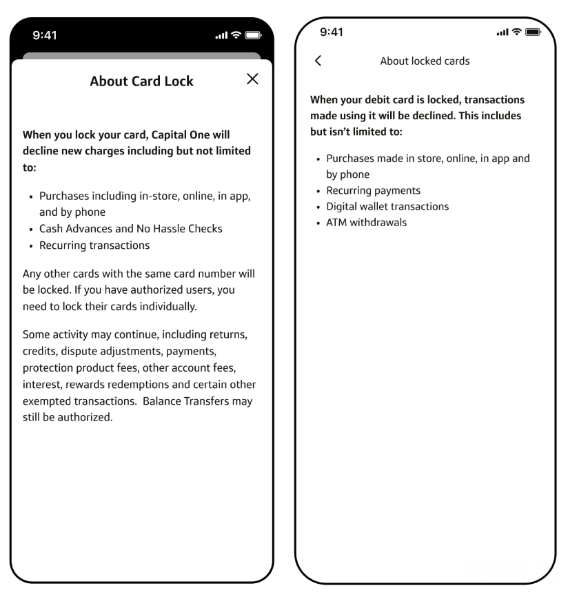 Before and after comparison of About Card Lock content, showing a dense modal reduced to essential locked-card information.