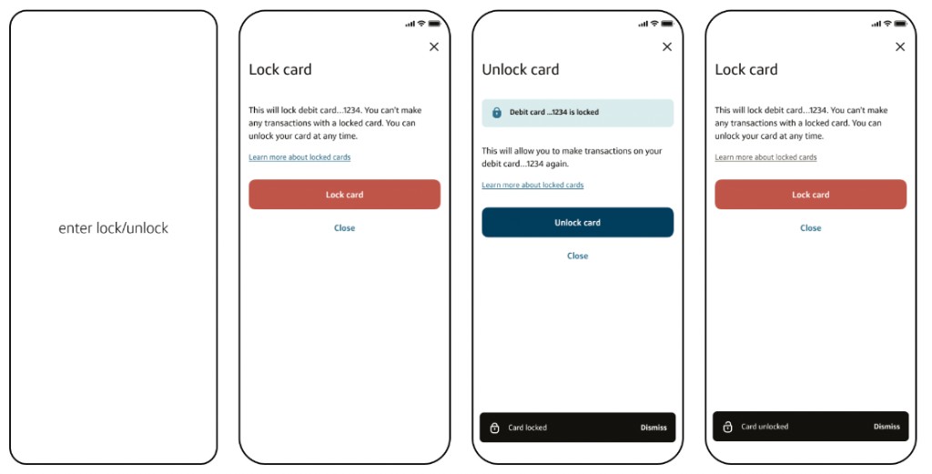 After flow showing a four-screen lock and unlock flow with toast confirmations and fewer steps.