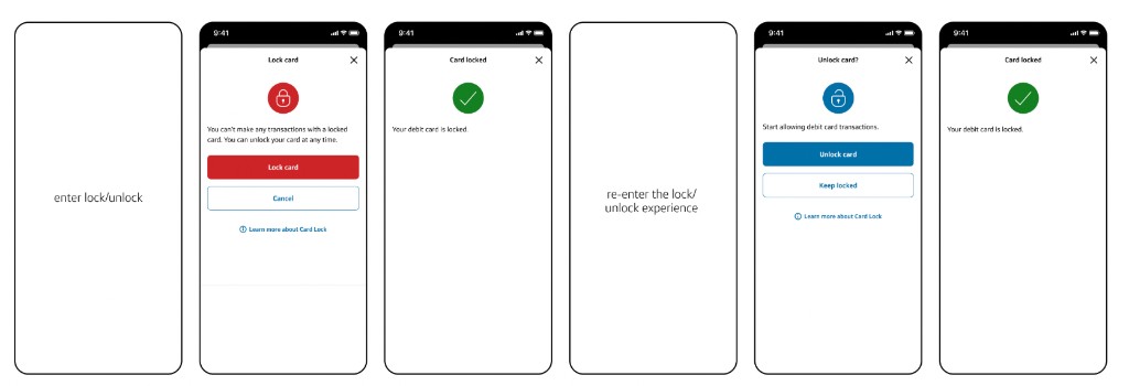 Before flow showing six screens for entering, locking, success confirmation, re-entering, unlocking, and returning to card locked state.