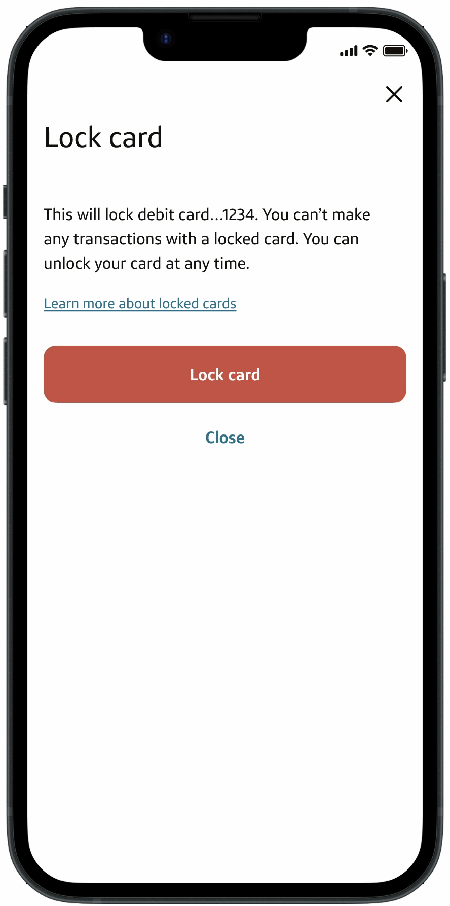Animated demo of the redesigned debit lock and unlock flow on iPhone.