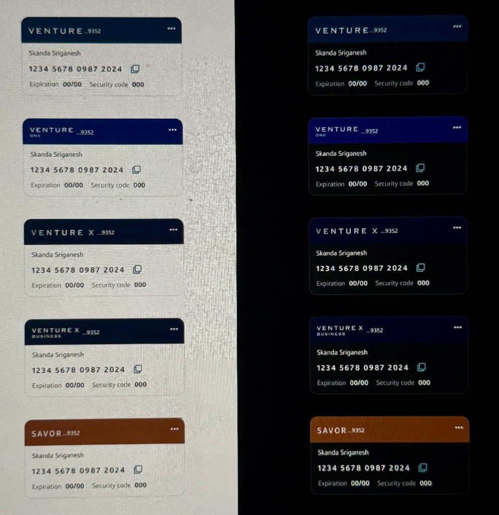 Side-by-side comparison of Venture One, Venture X, Venture X Business, and Savor card components in light mode and dark mode.