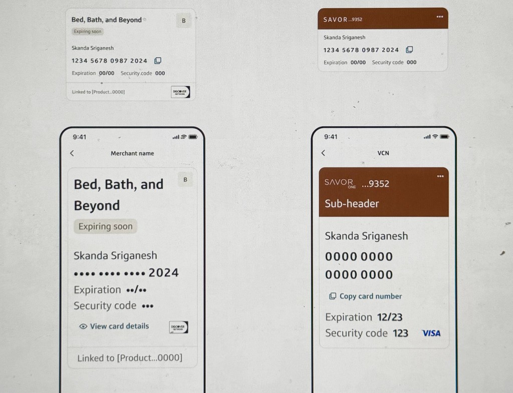 Payment card component shown at compact and full mobile sizes, demonstrating how type and layout reflow across breakpoints.