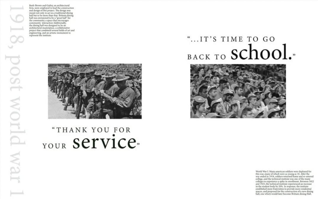 Spread titled 1918, post World War I, with archival photographs of soldiers and students and pull-quotes about service and returning to school.