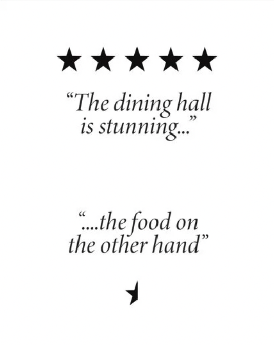 Back cover with five stars and the pull-quotes the dining hall is stunning and the food on the other hand.