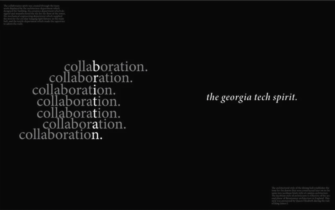 Black spread repeating the word collaboration in a staggered column beside the line the georgia tech spirit.