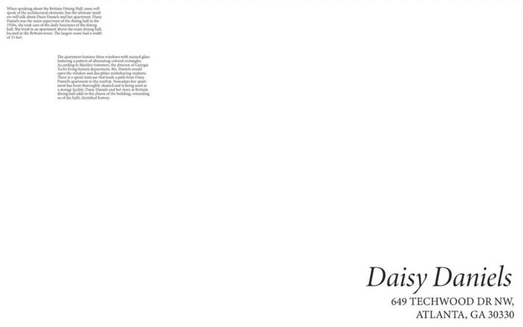 Spread with expansive negative space: a block of body text top-left and the name Daisy Daniels with a Techwood Drive address bottom-right.