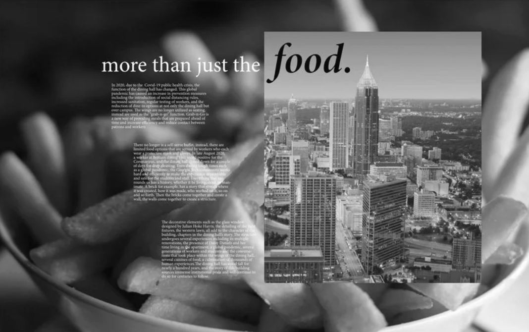 Spread titled more than just the food, with the Atlanta skyline framed over a photograph of fries.