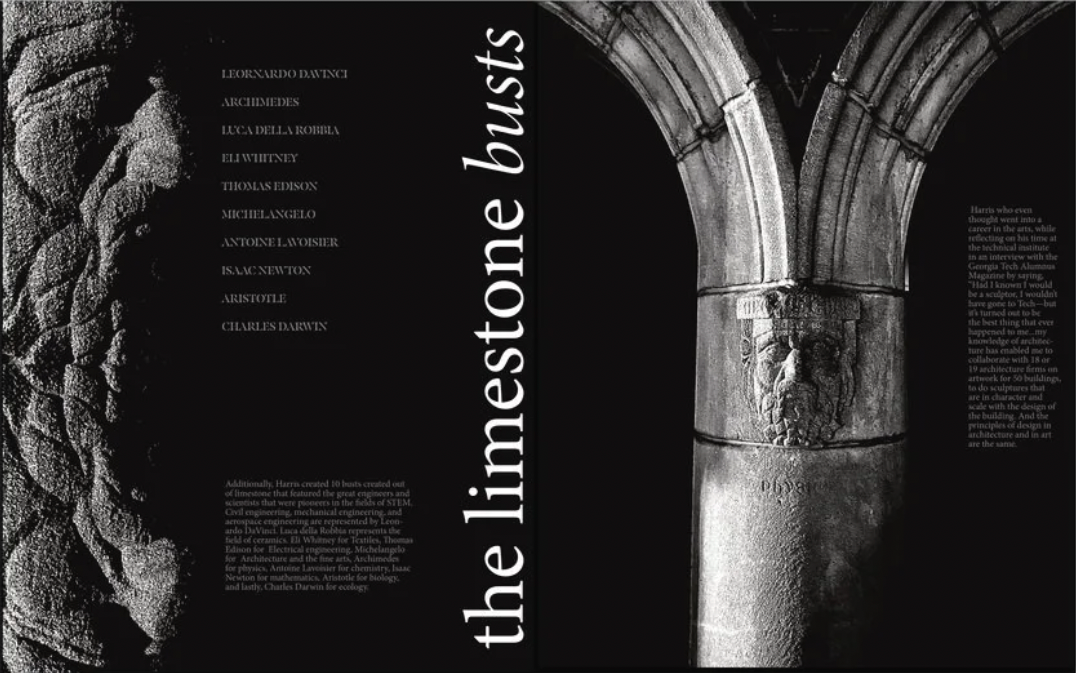 Black spread titled the limestone busts, listing scientists and engineers beside a photograph of a carved stone column.