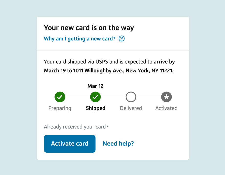 Mobile app tracker showing card delivery stages: Preparing (green check), Shipped (green check), Delivered (open circle), Activated (gray star). The interface displays shipping info, address confirmation, and action buttons for activation and help.